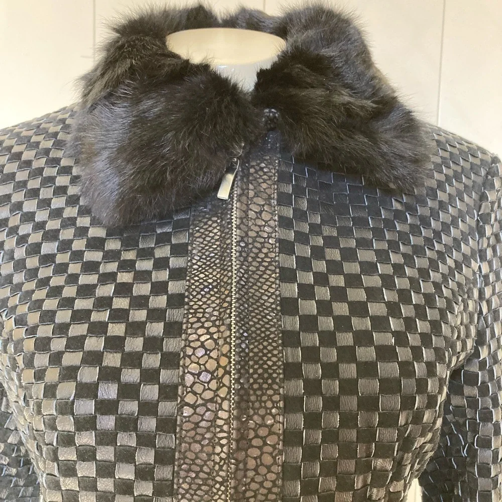 MARVIN RICHARDS weave/rabbit fur collar leather jacket SM NWT